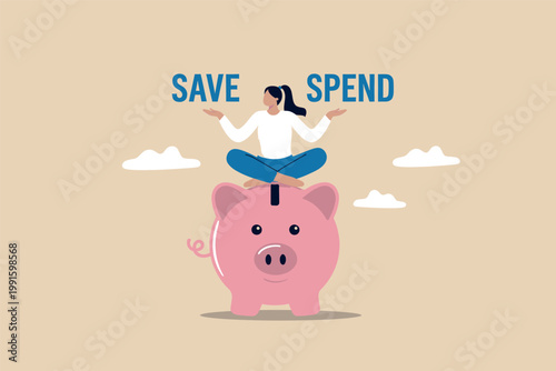 Woman balancing between saving and spending money vector cartoon illustration isolated on transparent background