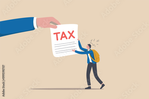 A giant hand presenting a tax document to a stressed student vector cartoon illustration isolated on transparent background