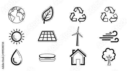 Eco-Friendly Icons: A collection of meticulously crafted line art icons celebrates environmental consciousness, renewable energy, and sustainable living.
