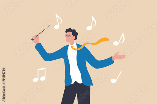 Conductor leading an orchestra with a baton vector cartoon illustration isolated on transparent background