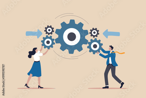 Business people collaborating to connect gears representing teamwork and synergy vector cartoon illustration isolated on transparent background