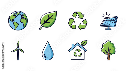 Eco-Icons: A collection of vibrant icons representing elements essential for environmental conservation, including Earth, a leaf, recycling symbol, solar panel, wind turbine, water drop.