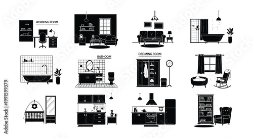 Black and white icons depicting various rooms and furniture layouts