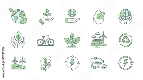 Eco-Friendly Icons: A visually appealing collection of eco-friendly icons that embodies environmental sustainability. Showcasing global responsibility, and renewable energy to a clean planet.