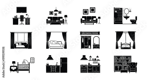 Black and white icons depicting various rooms and furniture layouts