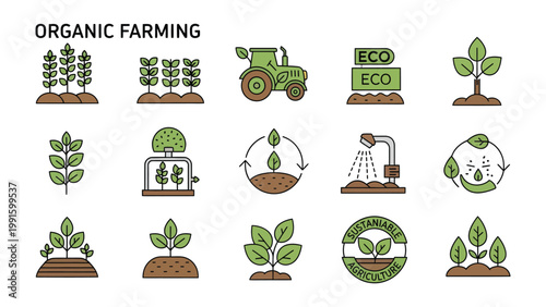 Organic Farming: A collection of icons representing sustainable agriculture, including crops, tractor, eco-friendly practices, and plant growth