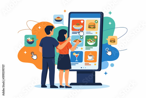 Couple Using Digital Kiosk to Order Food in Modern Restaurant
