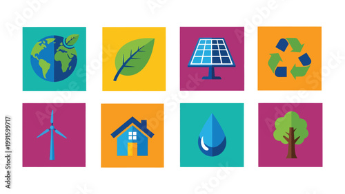 Eco-Consciousness Icons: A vibrant grid showcases an array of eco-friendly symbols, each representing a facet of sustainability and environmental responsibility.