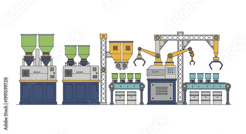 Automated industrial manufacturing production line with robotic arms.
