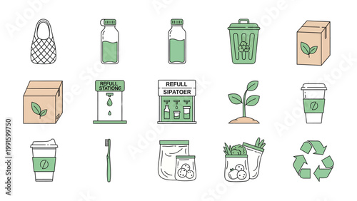 Eco-Friendly Lifestyle: A vibrant collection of sustainable lifestyle icons, promoting reusable items, waste reduction, and mindful living. Inspiring eco-conscious choices.