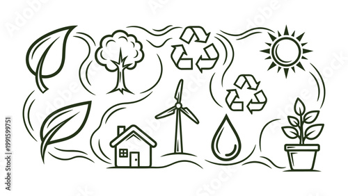Environmental Harmony: A harmonious composition of symbols representing eco-friendly practices, including leaves, a tree, recycling, the sun, a house, a wind turbine, a water drop.