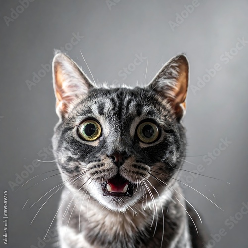 Grey Tabby Cat Portrait With Surprised Expression And Open Mouth On Studio Neutral Background