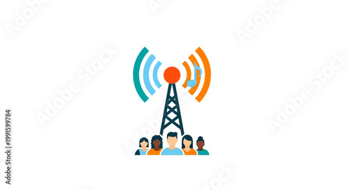 Illustration of a radio communication tower connecting a diverse group of people.