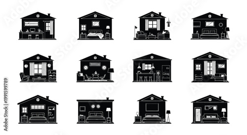 Black and white icons depicting various rooms and furniture layouts