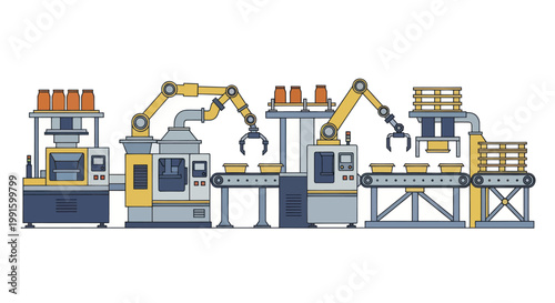 Automated industrial manufacturing production line with robotic arms.
