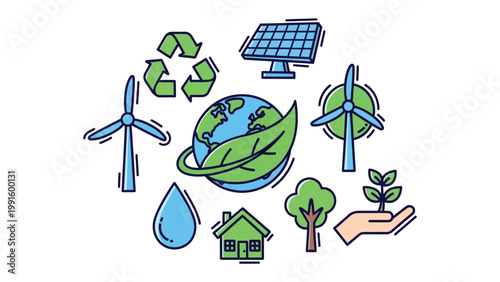 Eco-Friendly World: An artistic illustration showcasing elements of environmental conservation, highlighting a sustainable world.