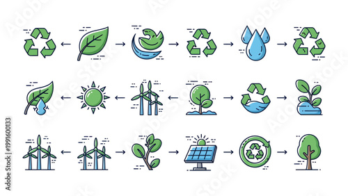 Eco-Friendly Icons: A visually appealing array of eco-friendly icons representing sustainability, environmental awareness, and eco-consciousness, promoting green energy and conservation.