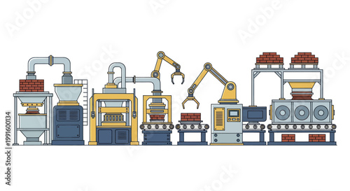 Automated Industrial Production Line with Robotic Arms.
