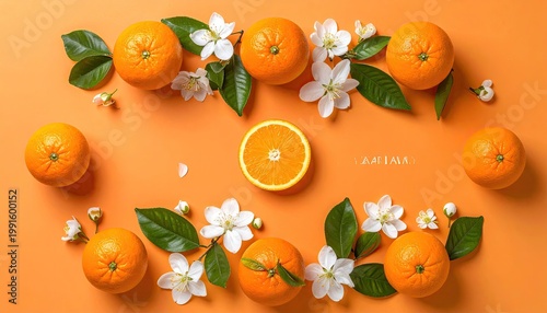 Oranges, blossoms, and leaves on a vibrant orange background