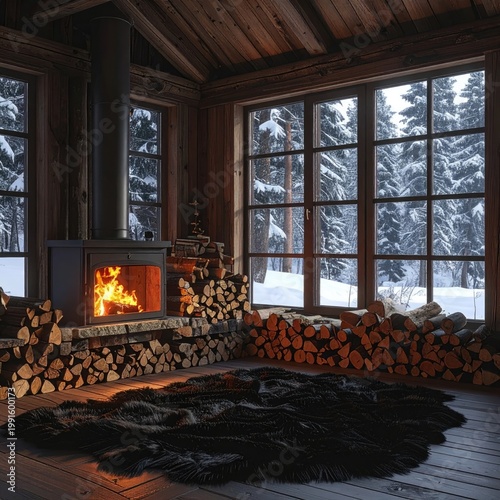 Cozy cabin interior with a fireplace, snow views
