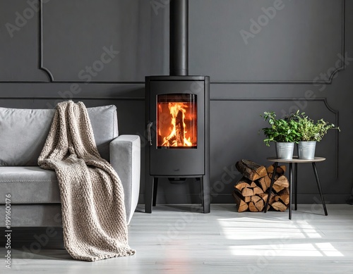 Cozy living room with fireplace, couch, and small table