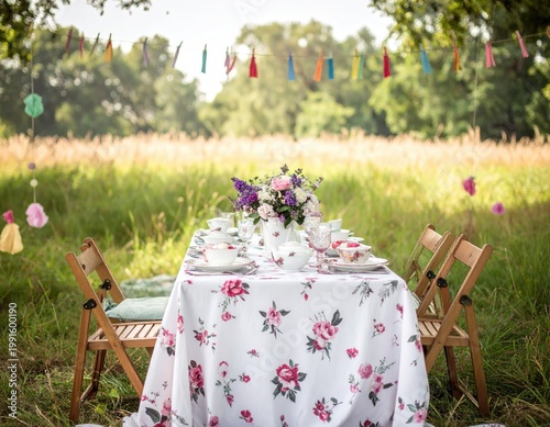 Tea party set in a meadow, festive and floral