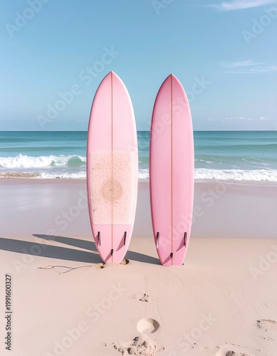 Two pink surfboards stand upright on a sandy beach