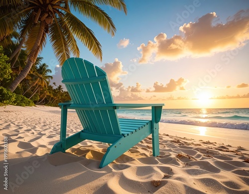 Teal chair on beach; palms, sunset, sea