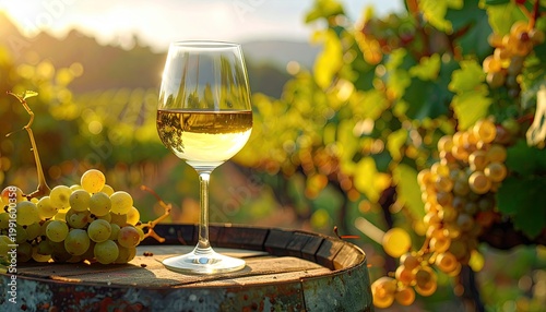 Wine glass on barrel, vineyard backdrop at sunset