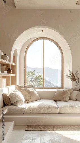Cozy interior with arch window & mountain views