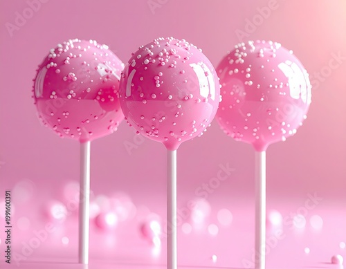 Three pink lollipops with sprinkles on a pink backdrop