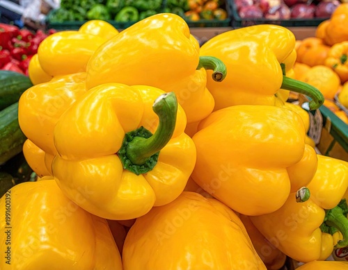 Bright yellow bell peppers in grocery store display