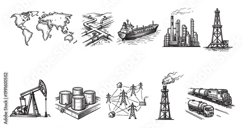 A collection of hand-drawn sketches illustrating global energy industry concepts including a world map, pipelines, a tanker ship, refinery, oil rig, pump jack, storage tanks, power grid.