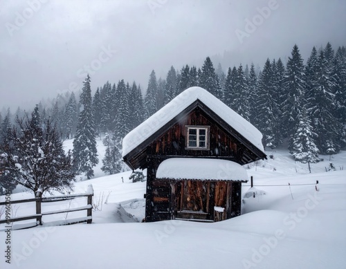Wooden cabin nestled in snowy mountain forest