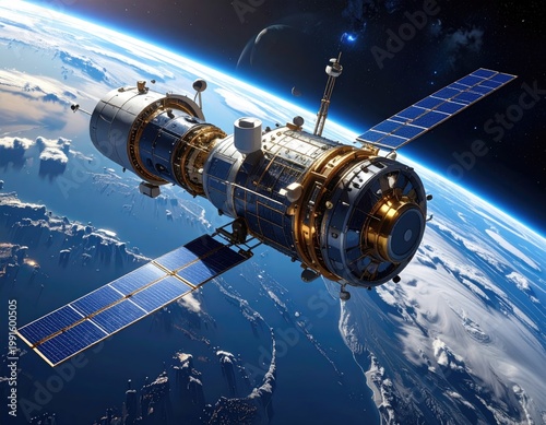 Space station orbiting Earth, solar panels deployed