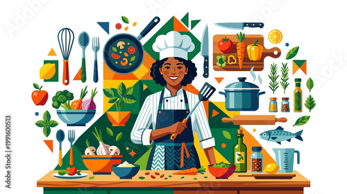 Smiling chef in kitchen holding utensils.