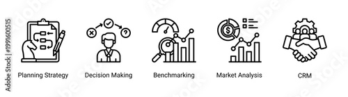 Kaizen strategy icon set featuring decision making,planning,and market analysis concepts.Strategic icon set for business planning,analysis,benchmarking,and customer management.