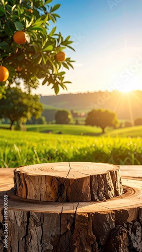 Stump foreground, orange tree, field, sunset landscape
