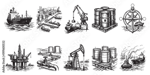 This collection of hand-drawn illustrations depicts various aspects of maritime and oil industry infrastructure, including ships, oil rigs, cranes, storage tanks, and pipelines, rendered in a vintage.