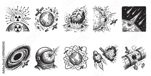A collection of hand-drawn illustrations depicting various space-related disasters and cosmic threats, including asteroid impacts, nuclear radiation, and satellite malfunctions.