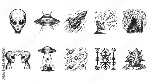 This hand-drawn black and white illustration features a collection of alien and sci-fi icons, including a classic alien head, UFOs, a spaceship, and mysterious symbols, perfect for concepts.