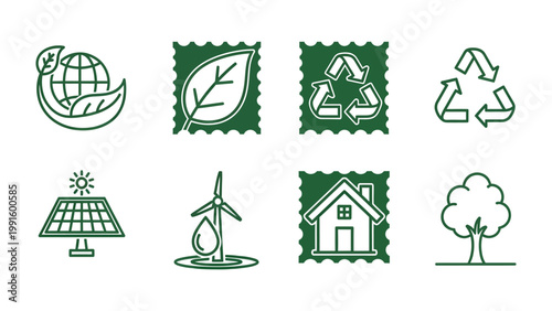 Foto Eco-Friendly Stamp Collection: A set of eight meticulously designed stamps, each a potent symbol of environmental consciousness, including the earth with leaves, a lone leaf, recycling symbol
