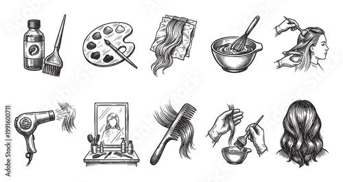 A hand-drawn sketch collection depicts various hair salon services including coloring, styling, and product application, offering a retro artistic appeal for beauty industry themes.