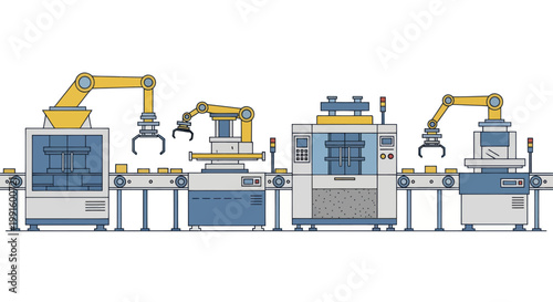 Automated Industrial Production Line with Robotic Arms and Machinery.