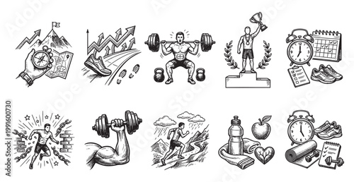 A hand-drawn collection of black and white icons symbolizing fitness, success, and motivation, including weightlifting, running, and goal achievement.