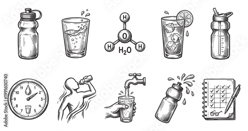 A collection of hand-drawn icons depicting various aspects of water consumption and hydration, including water bottles, glasses of water, the H2O molecule, a clock, and a checklist.