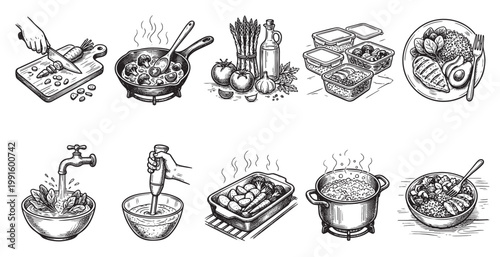 Hand-drawn illustration collage depicting various stages of healthy meal preparation, from chopping vegetables to serving a balanced dish.