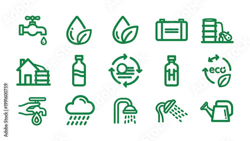 Eco-Friendly Icons: A visual collection of eco-friendly icons representing various water and environmental concepts, promoting sustainability and conservation. 