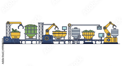 Automated Industrial Production Line with Robotic Arms and Machinery.