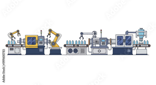 Automated Industrial Production Line with Robotic Arms and Machinery.